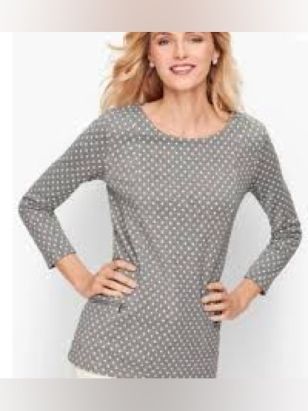 Talbots Top Silver Metallic White Polka Dot Zippers 3/4 Sleeves Tunic